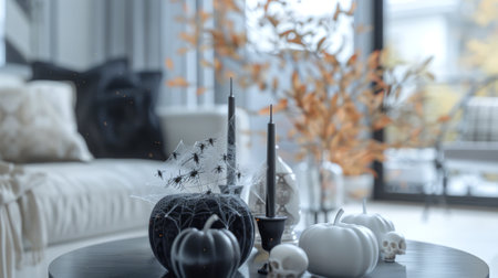 Cozy living room with Halloween decorations including black pumpkins on a coffee table. Concept of festive decor, modern interior design, autumn season.の写真素材