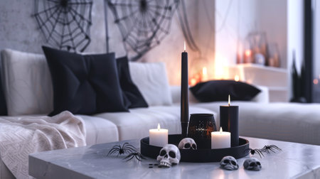 Modern living room with Halloween decorations including skulls and candles on a marble coffee table Concept of home decor holiday celebration spooky atmosphere.の写真素材