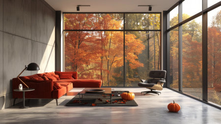 Modern living room with large glass windows offering a view of autumn trees. Concept of contemporary interior design, seasonal decor, nature-inspired home, fall ambiance, Halloween decoration.の写真素材