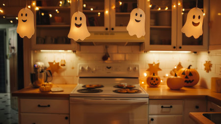 Cozy kitchen decorated with smiling ghost lights and pumpkins for Halloween. Concept of festive home decor, autumn, holiday preparation, spooky atmosphere.の写真素材