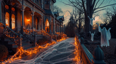 Spooky traditional victorian house decorated with Halloween lights and ghostly figures at dusk. Concept of Halloween decoration, haunted house, festive lights, eerie atmosphere.の写真素材