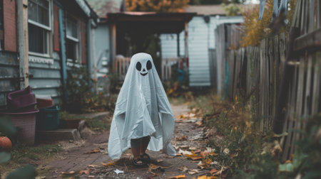 Halloween costume of a child dressed as a ghost standing in an outdoor yard. Concept of kids fashion, Halloween, spooky costumes, festive celebrations.の写真素材