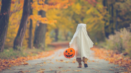 Child dressed as a ghost holding a pumpkin lantern walking through an autumn forest. Concept of Halloween, autumn, festive childhood, Halloween costume, jack-o-lantern.の写真素材
