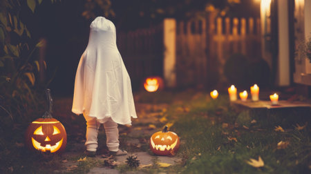 Young child in a ghost costume surrounded by lit pumpkins and candles. Concept of Halloween, childhood, spooky festivities, holiday decorating.の写真素材