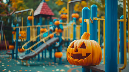 Halloween-themed empty playground with jack-o-lantern decoration in focus. Concept of Halloween decoration, childrens playground, festive atmosphere, autumn season.の写真素材