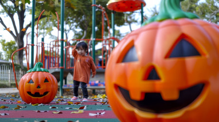 Asian girl in an autumn park with large Halloween pumpkins. Concept of child outdoor activity, fall season celebration, Halloween decoration, autumn fun, playground.の写真素材