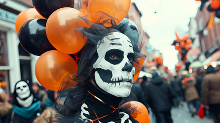 Halloween parade with people in skeleton costumes and orange and black balloons. Concept of festive celebration, costumes, holiday, and crowds.の写真素材