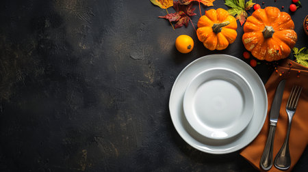 Festive autumn table setting with orange pumpkins and rustic cutlery. Concept of fall, seasonal decor, celebration, harvest. Copy space. Mockup.の写真素材