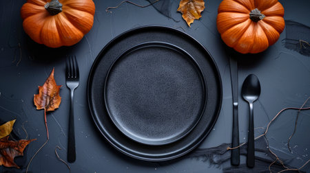 Black table setting with pumpkins and autumn leaves. Elegant Halloween-themed dinner arrangement with dark plates and cutlery. Concept of Halloween, fall decor, festive table setting, seasonal dining.の写真素材