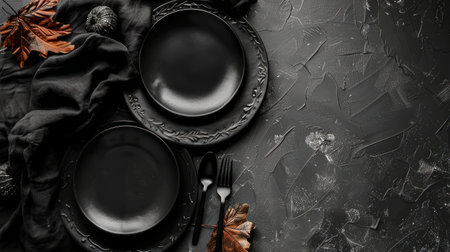 Elegant black dinnerware set on a textured dark background with autumn leaves. Creative concept of stylish dining, dark table setting, chic dinner, seasonal decor.の写真素材