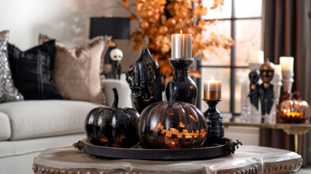 Black glitter pumpkins with lit candles on a wooden tray in an elegant living room. Concept of Halloween decor, elegant interior design, festive home decorations, fall ambiance.の写真素材