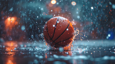 Basketball splashing in a puddle during a rainy night. Sports, street basketball, weather, action concept.の写真素材
