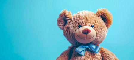Plush toy bear with blue bow on a light blue background. Cute stuffed animal. Concept of childhood, toys, softness, innocence. Copy space.の写真素材