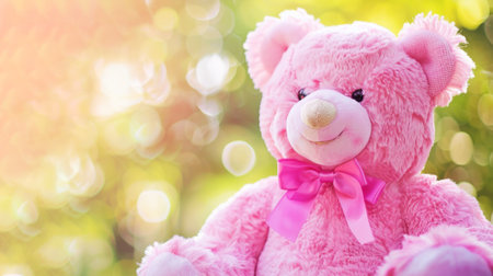 Pink stuffed bear with a bow in a sunlit garden scene. Concept of childhood, playtime, soft toys, outdoor leisure. Copy space.の写真素材