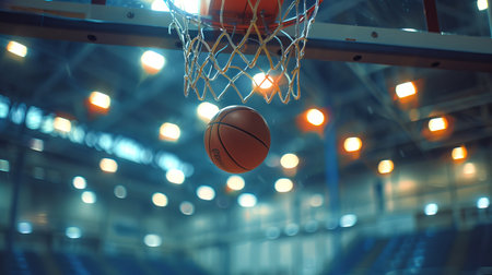 Basketball hoop with a ball in a gym. Focus on sports and teamwork. Concept of athleticism, fitness,...