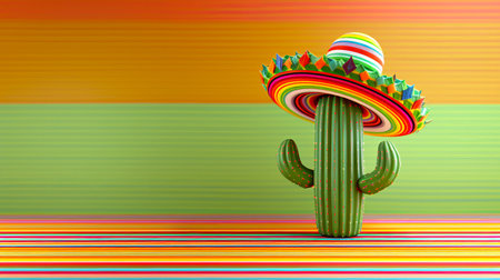 Mexican cactus wearing a colorful sombrero on a striped background. Festive celebration decor. Concept of Mexican culture, festive decoration, vibrant colors, playful design. Copy space.の写真素材