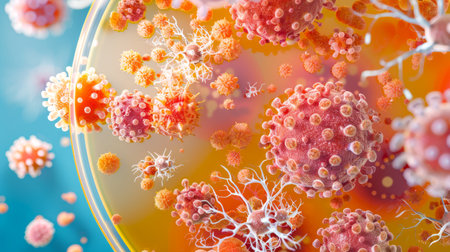 Close-up of various microorganisms in a petri dish under a microscope. Microbes and cells. Concept...