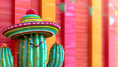 Vibrant green cactus wearing a colorful sombrero in front of a bright, festive background. Concept of Mexican celebration, cultural decor, party decoration, lively design. Copy space.の写真素材
