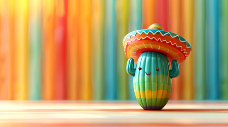 Vibrant green cactus wearing a colorful sombrero in front of a bright, festive background. Concept of Mexican celebration, cultural decor, party decoration, lively design. Copy space.の写真素材