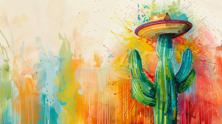 Watercolor painting of a vibrant cactus wearing a colorful hat. Abstract art with splashes of bright colors. Concept of nature, fiesta, creativity, and celebration. Copy space.の写真素材