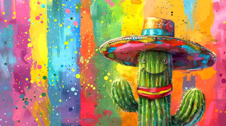 Watercolor art of cactus wearing a sombrero on a multicolor abstract background. Whimsical plant character. Concept of art, painting, playfulness, cultural design. Copy space.の写真素材