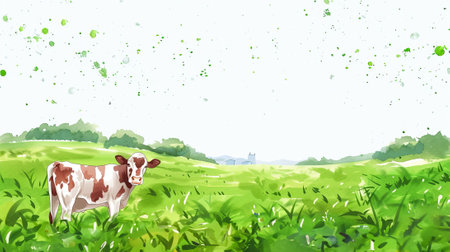 Watercolor painting of a cow in a lush green meadow. Concept of nature, farm life, pastoral scenes, organic farming. Copy space.の写真素材