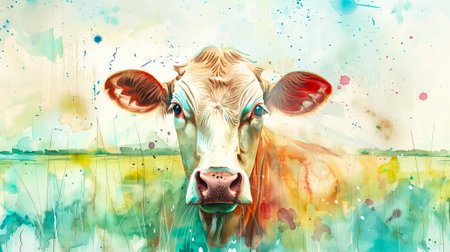 Watercolor painting of a cow in a lush green meadow. Concept of nature, farm life, pastoral scenes, organic farming. Copy space.の写真素材