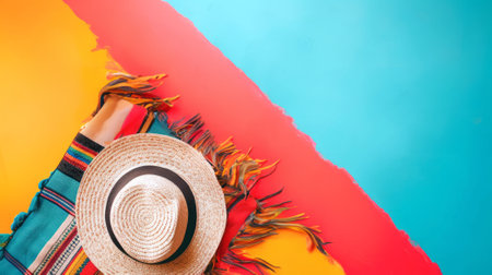 Straw hat on Mexican textile rug with vibrant colors. Concept of traditional attire, cultural...