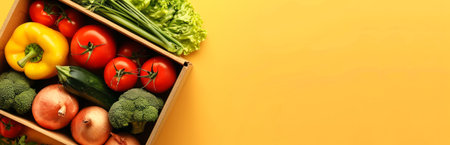 Fresh vegetables in a wooden crate on a yellow background. Healthy eating, organic produce, nutrition, farm-to-table. Concept of healthy lifestyle, diet, colorful food. Banner. Copy space.の写真素材