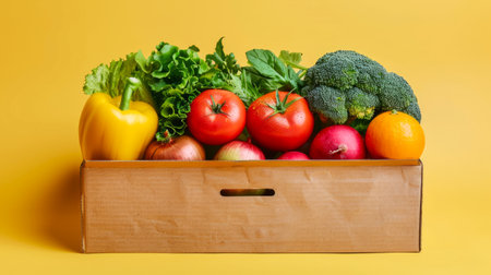 Box of fresh vegetables and fruits on a yellow background. Cardboard box filled with colorful produce. Healthy eating, grocery delivery, fresh food concept.の写真素材