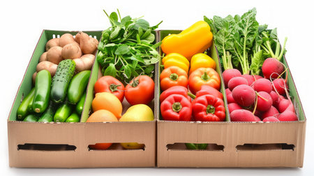 Assorted fresh vegetable boxes with tomatoes, peppers, cucumbers, radishes, spinach, and oranges. Concept of healthy eating, organic produce, farm-to-table, natural food. Isolated on white background.の写真素材