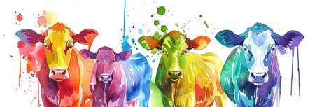 Colorful watercolor painting of cows in a row. Vibrant farm animals. Concept of agriculture, artistic expression, rural life, abstract splashes.の写真素材
