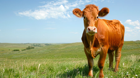 Young brown calf standing in a green meadow during sunset. Concept of agriculture, farm animals,...
