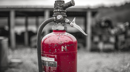 Weathered Fire Extinguisher with Hose in Outdoor Setting. Safety Equipment. Concept of Emergency,...