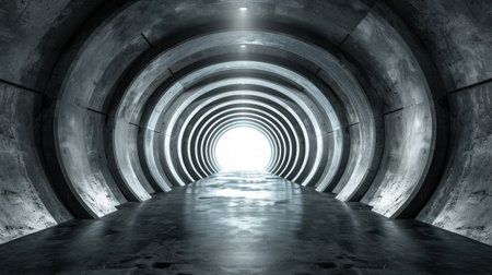 Light at the end of a tunnel with blue illumination. Concept of hope, journey, unknown destination,...
