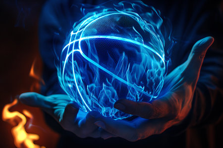 Glowing neon blue basketball with flames held by a man. Concept of sports, energy, dynamic motion, power.の写真素材