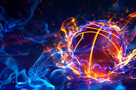 Basketball engulfed in blue and orange flames. Fiery basketball with contrasting neon colors. Sports, dynamic, energy, abstract art concept.の写真素材
