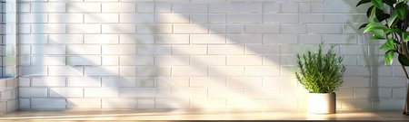 A potted plant with green leaves against a modern light-tiled wall. Minimalist interior decor....