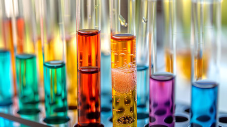 Vibrant test tubes with colorful liquids in a laboratory setting. Scientific research. Concept of...