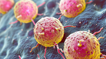 Close-up view of red spherical cells with thin strands. Concept of microbiology, cellular structure,...