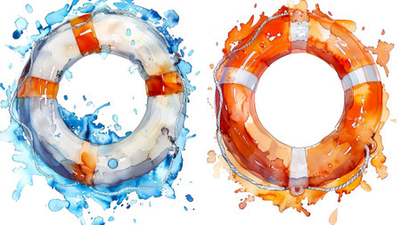 Colorful watercolor illustration of two lifebuoys with blue and orange splashes. Concept of safety, rescue equipment, maritime theme, abstract design.の写真素材