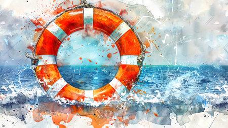 Watercolor painting of a lifebuoy over ocean waves. Nautical safety concept. Design element featuring safety, travel, maritime themes, abstract art.の写真素材
