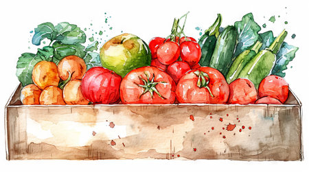 Watercolor illustration of a box filled with fresh vegetables including tomatoes, peppers, and greens. Concept of healthy eating, organic produce, farm-to-table, fresh food. Isolated on white.の写真素材
