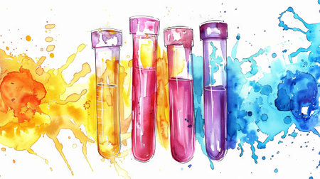 Watercolor illustration of colorful test tubes filled with liquid. Science experiment concept with vibrant colors. Concept of chemistry, laboratory, scientific research, education.の写真素材