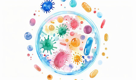 Abstract watercolor art of microscopic cells and organisms in petri dish on an aquarelle background. Concept of biology, science, microbiology, and artistic design.の写真素材