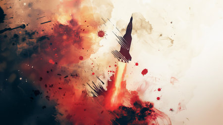Abstract painting of a rocket launch with fiery splashes. Concept of space exploration, innovation,...