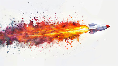 Watercolor art of a rocket in flight with colorful splashes. Abstract space-themed artwork. Concept of space exploration, creativity, vibrant design, imagination.の写真素材