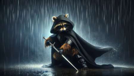 Raccoon in a black cloak wielding a sword in the rain. Fantasy character, medieval warrior, animal...