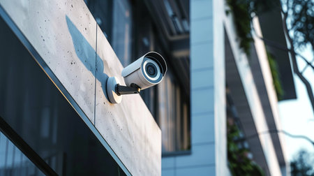 White surveillance camera mounted on a modern building wall. Concept of security, monitoring,...