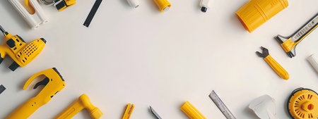 Various construction tools on a white background. Concept of building, repair work, engineering, craftsmanship, hand tools. Top view. Copy space.の写真素材